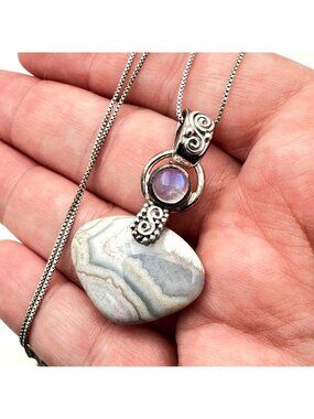 SAJEN Womens Necklace Blue Striped Gemstone Moonstone Sterling Silver Pendant